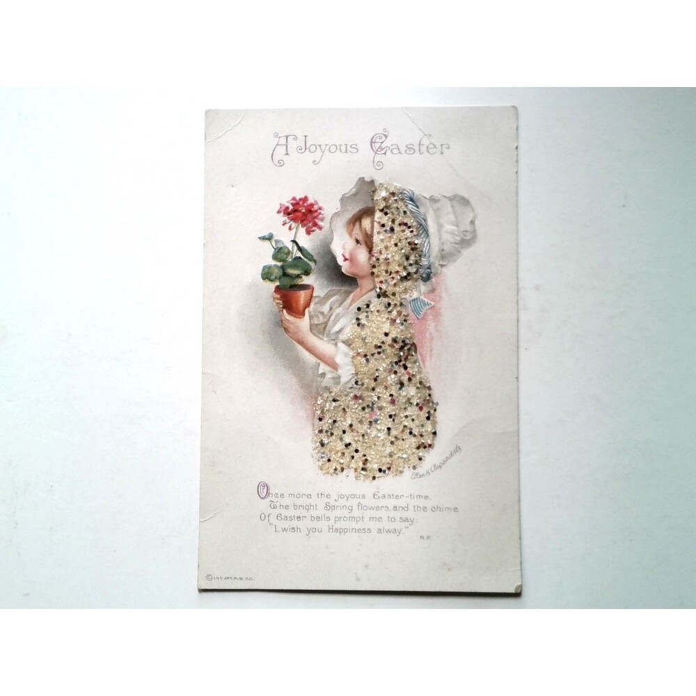 Ellen Clapsaddle 1918 Glitter Easter Postcard Girl Flower & Bonnet Embossed